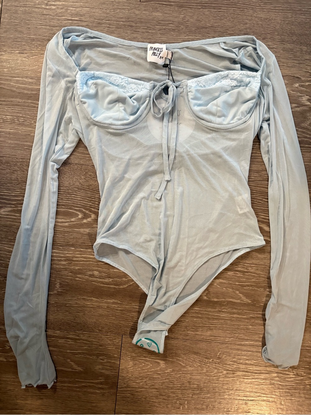 Princess Polly Pale Blue Sheer Long Sleeve Bodysuit with Lace Trim